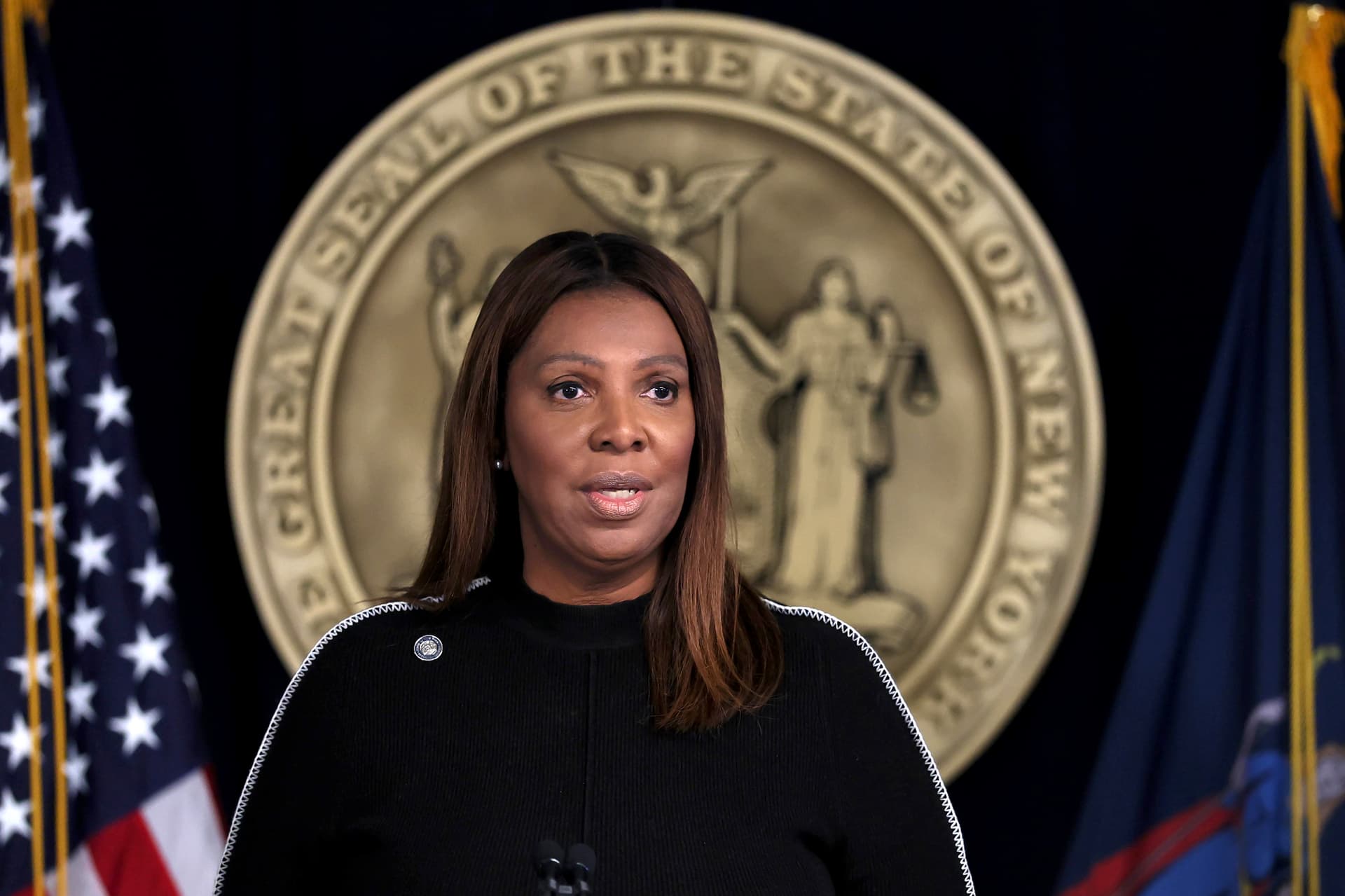 New York Attorney General Letitia James speaks during a news conference at her office in New York City on Oct. 16, 2025. (Michael M. Santiago/Getty Images)
