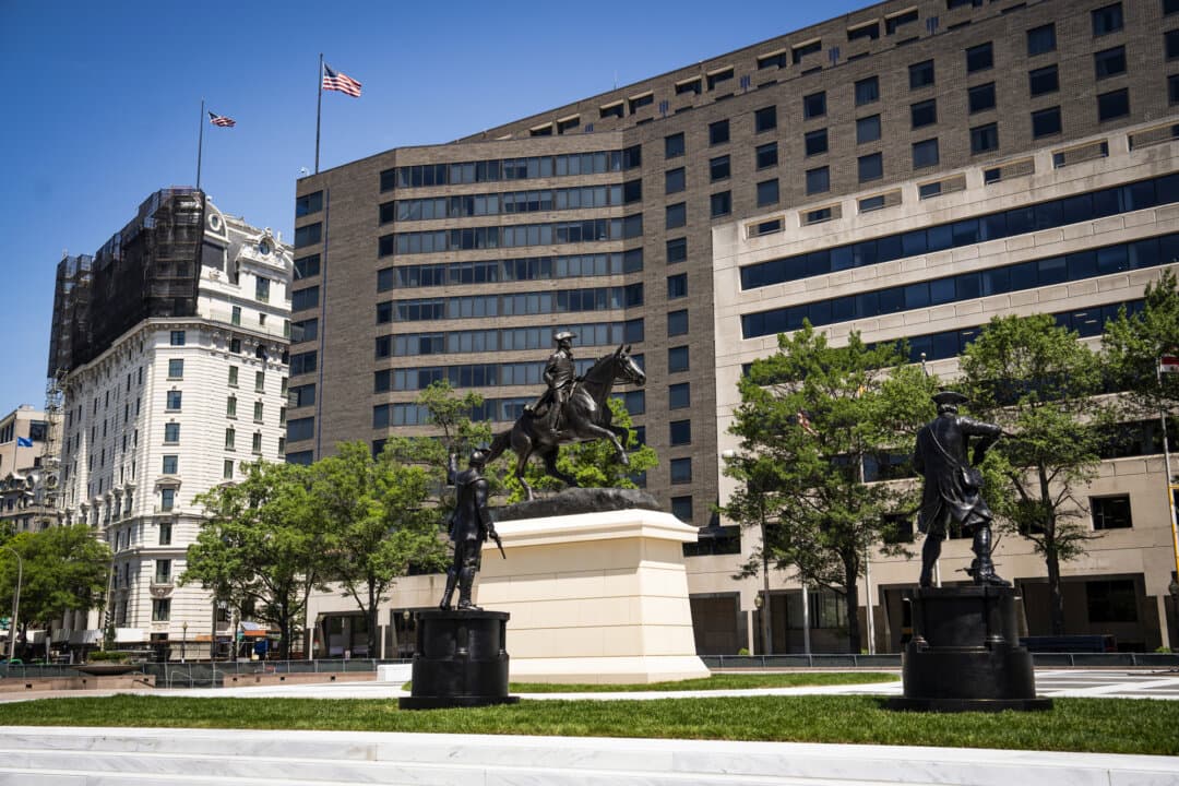Freedom Plaza in Washington on June 12, 2026. President Donald Trump's renovation projects include the addition of new statues, such as an equestrian statue of Founding Father Caesar Rodney in Freedom Plaza. (Madalina Kilroy/The Epoch Times)