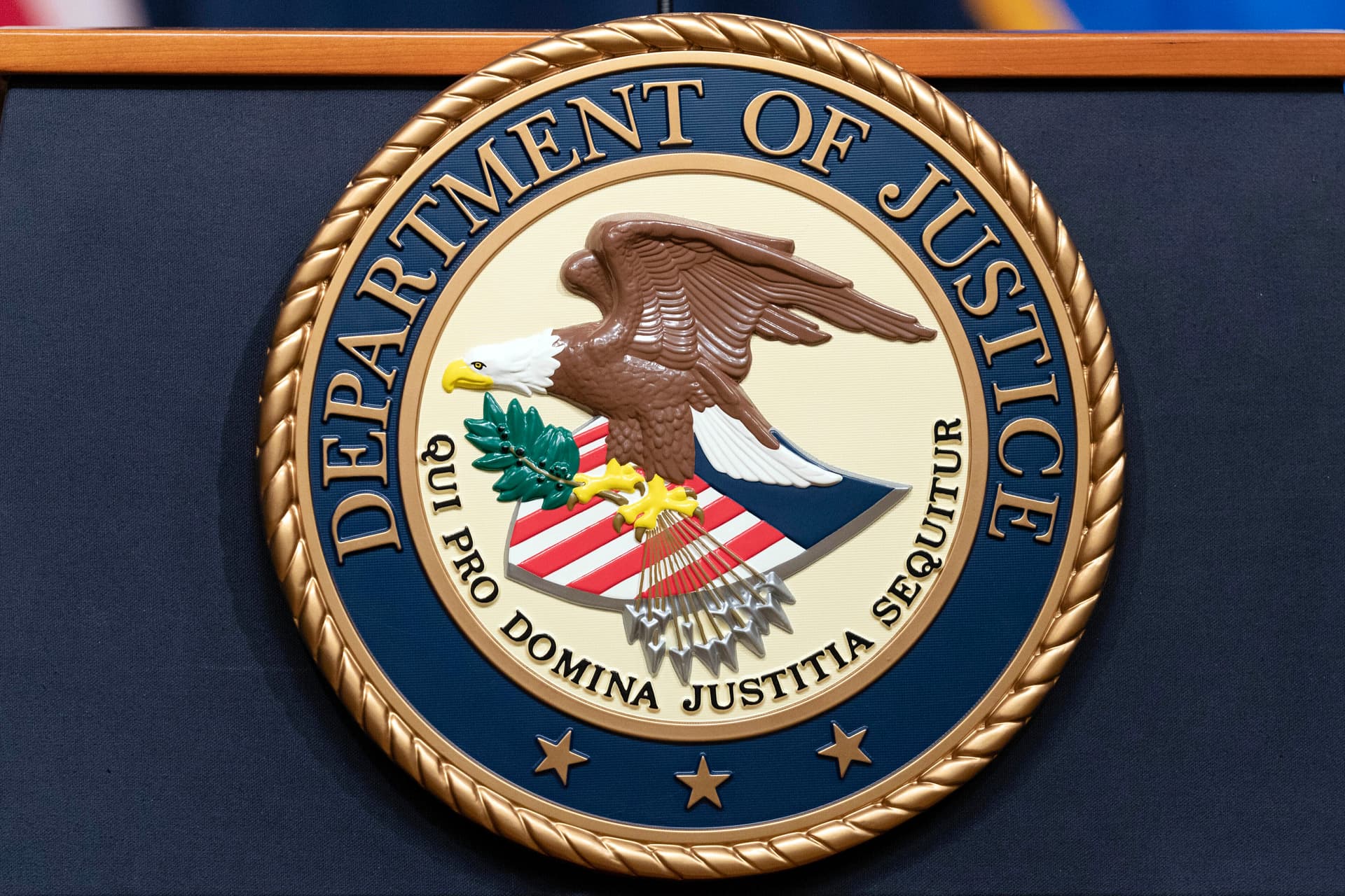 The Department of Justice seal at the department’s office in Washington on May 16, 2023. (Jose Luis Magana/AP Photo)