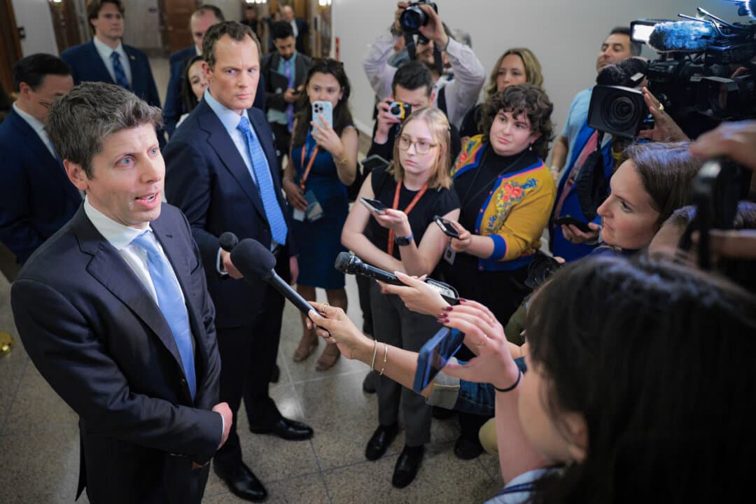 OpenAI CEO Sam Altman talks to reporters after meeting with Sen. Bernie Sanders (I-Vt.) in Washington on June 3, 2026. (Chip Somodevilla/Getty Images)