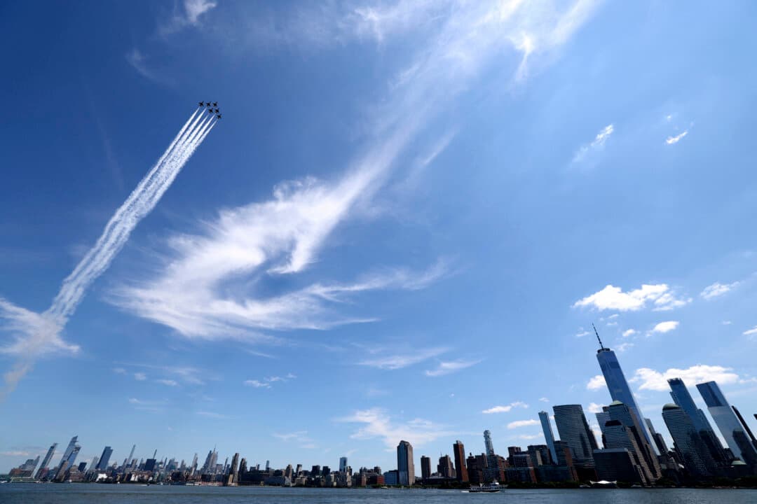 The U.S. Air Force Thunderbirds fly up the Hudson River over New York City on Aug. 4, 2026. The Thunderbirds performed at the Air Dot Show New York in Orange County and are next headlining the Rochester International Airshow. (Timothy. A. Clary/AFP via Getty Images)