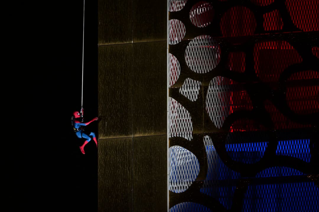 A man in a Spider-Man costume climbs the Dubai Frame during a promotional event for the movie "Spider-Man: Brand New Day" in Dubai, United Arab Emirates, on Aug. 1, 2026. (Giuseppe Acace/AFP via Getty Images)