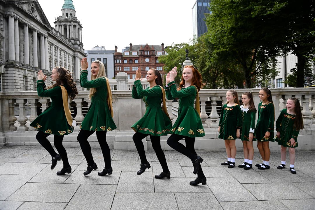 Irish dancers rehearse backstage at the opening ceremony for Fleadh Cheoil na hÉireann 2026 at City Hall in Belfast, Northern Ireland, on Aug. 2, 2026. (Charles McQuillan/Getty Images)