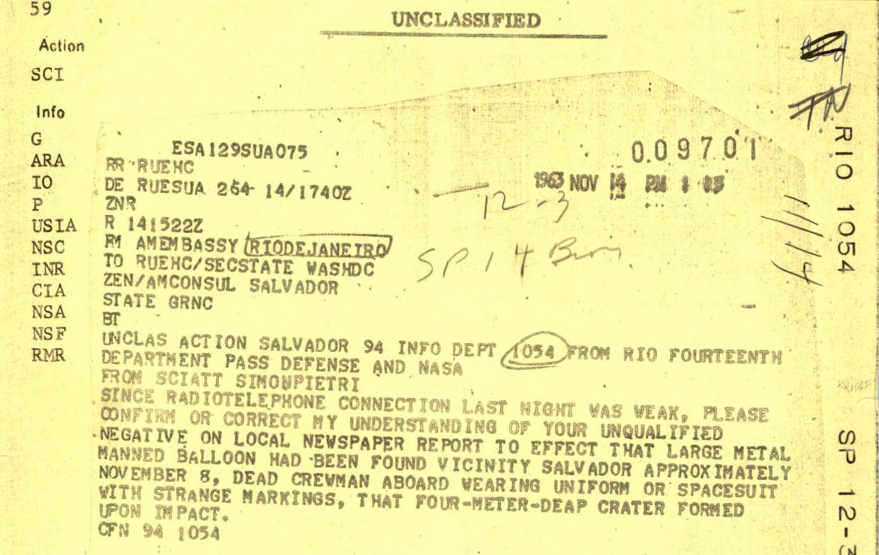 The U.S. War Department released UFO files on Aug. 7, 2026. These included a memo from 1963 describing a report of a “dead crewman” from Brazil. (U.S Department of War)