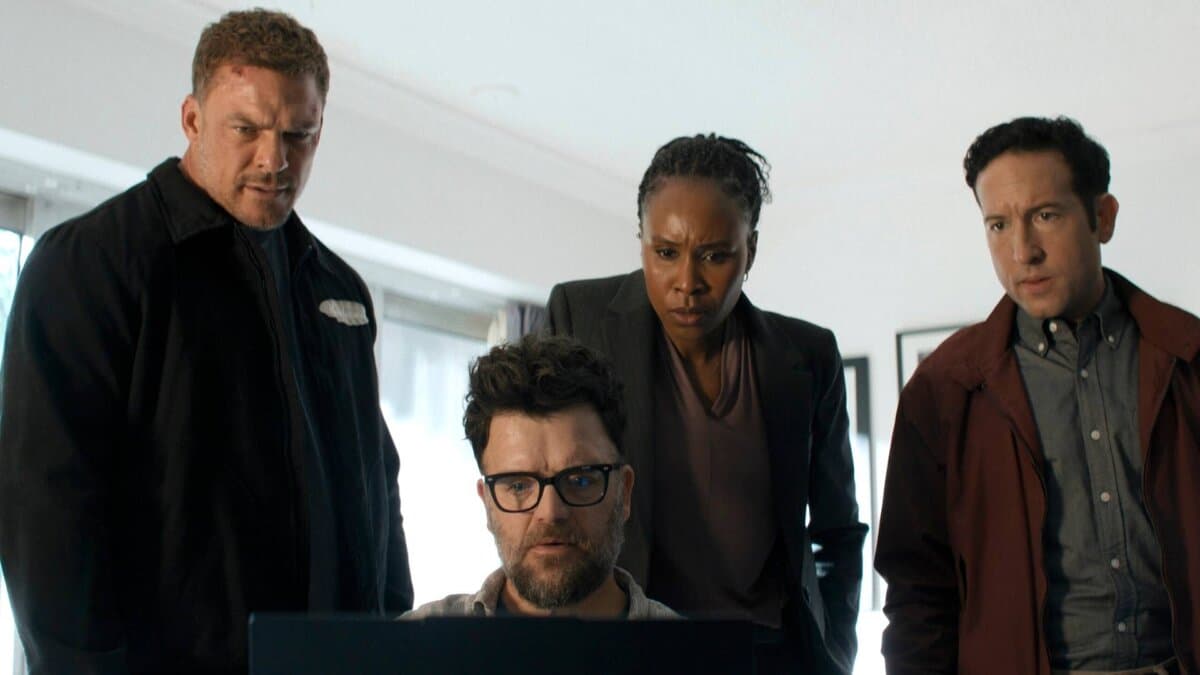 (L–R) Jack Reacher (Alan Ritchson), Russell Plum (Kevin Weisman), Tamara Green (Sydelle Noel), and Jacob Merrick (Christopher Rodriguez-Marquette), in “Reacher: Season 4.” (Prime)