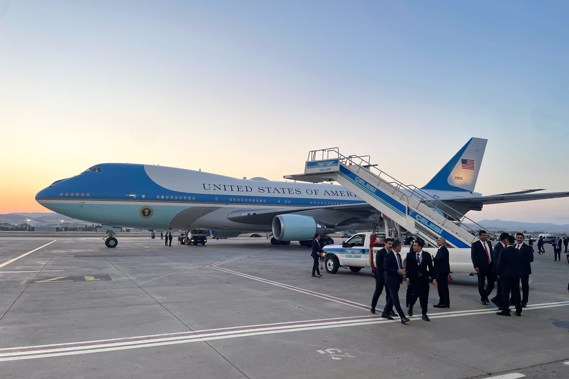Air Force One sits on the tarmac in Ankara, Turkey, on July 8, 2026. (Pool Photo)