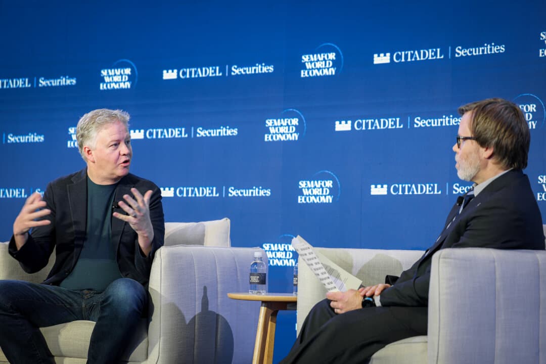 Matthew Prince (L), co-founder and CEO of Cloudflare, speaks onstage alongside Reed Albergotti, technology editor for Semafor, during Semafor World Economy 2026 in Washington on April 17, 2026. Prince has expressed concern about the rapidly increasing pace of online bot traffic. (Tasos Katopodis/Getty Images for Semafor World Economy)