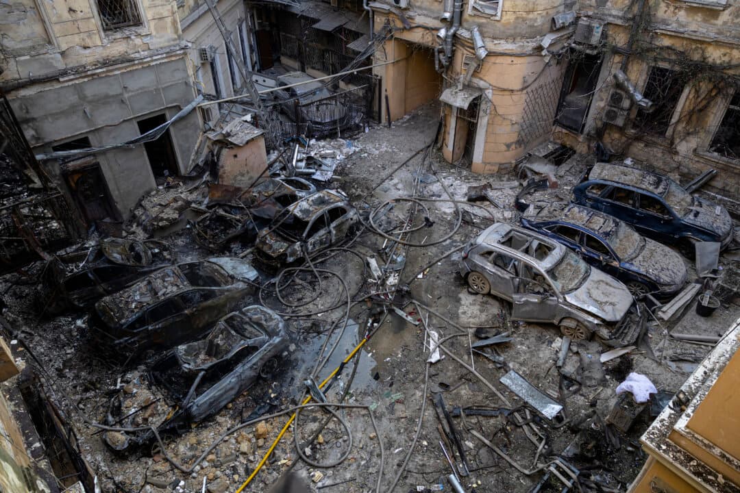 Burned cars at the site of a Russian air attack in Odesa, Ukraine, on Aug. 9, 2026. (Oleksandr Gimanov/AFP via Getty Images)