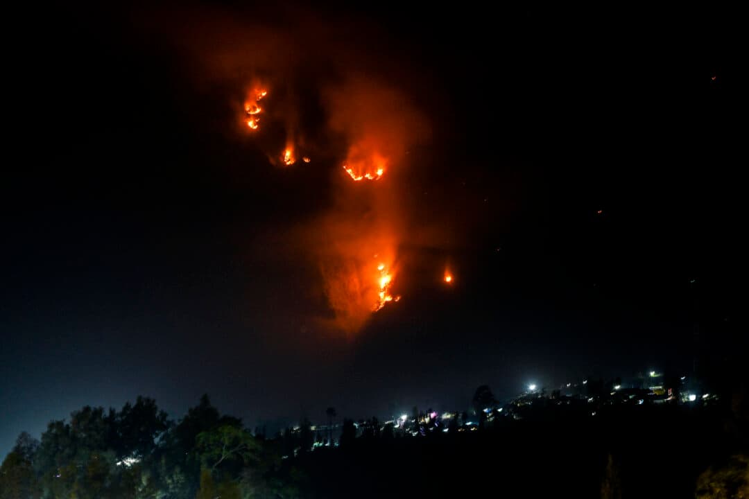 Wildfire flames and smoke rise above a forest in the Bromo Tengger Semeru National Park near Mount Bromo in Probolinggo, East Java province, on Aug. 10, 2026. Indonesian firefighters backed by helicopters and drones battled devastating flames for an eighth day in a national park on Java Island where over 500 hectares (1,236 acres) have been lost, an official said. (Juni Kriswanto/AFP via Getty Images)