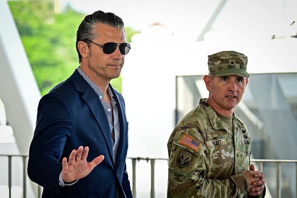 U.S. Secretary of War Pete Hegseth (L) arrives for the closing ceremony of the multinational Panamax 2026 military exercises in Panama City, on August 13, 2026. (Martin Bernetti/AFP via Getty Images)