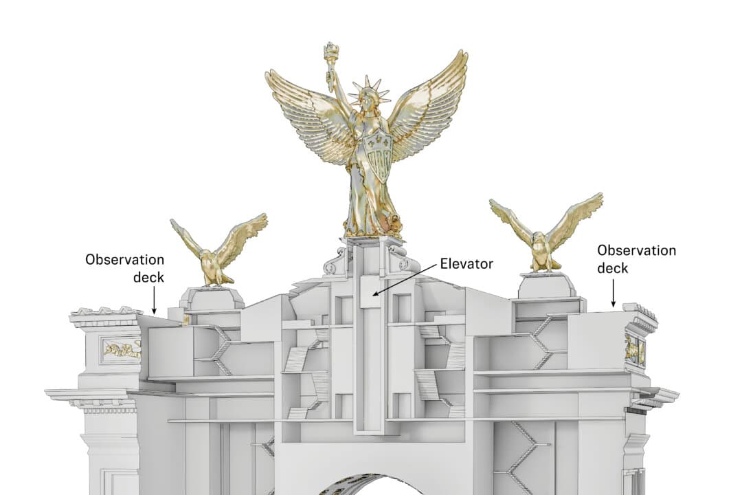 A rendering shows the interior of the proposed triumphal arch monument, including observation decks. (Illustration by The Epoch Times)
