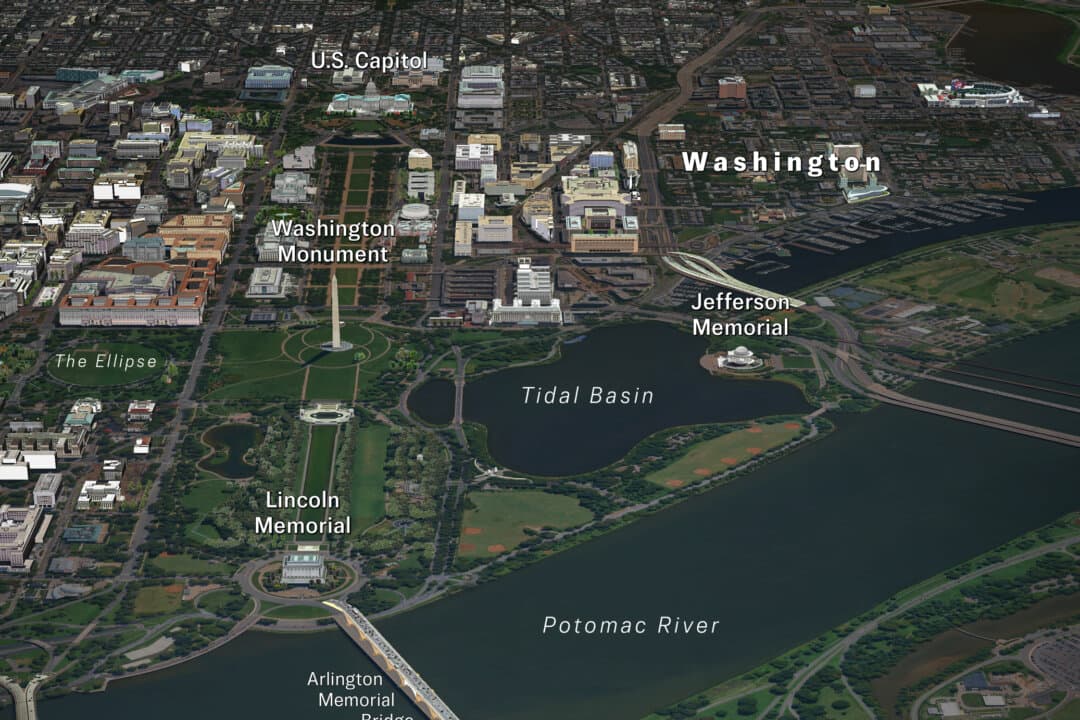 A map shows the proposed location of President Donald Trump's planned triumphal arch. (Illustration by The Epoch Times, Google Earth)