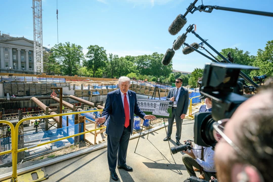 President Donald Trump visits ballroom and East Wing construction at the White House on May 19, 2026. (The White House)