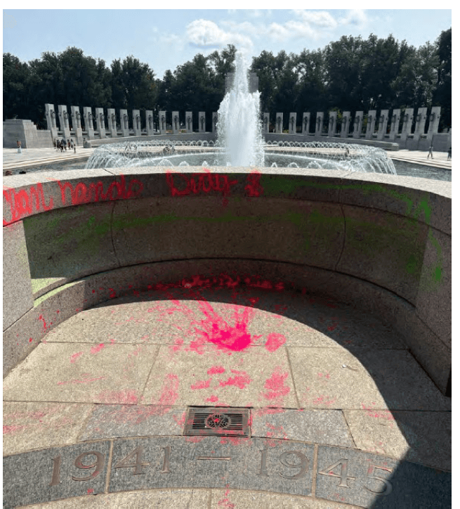 The vandalized World War II Memorial in Washington on Aug. 13, 2026. (Courtesy of the Department of Justice)