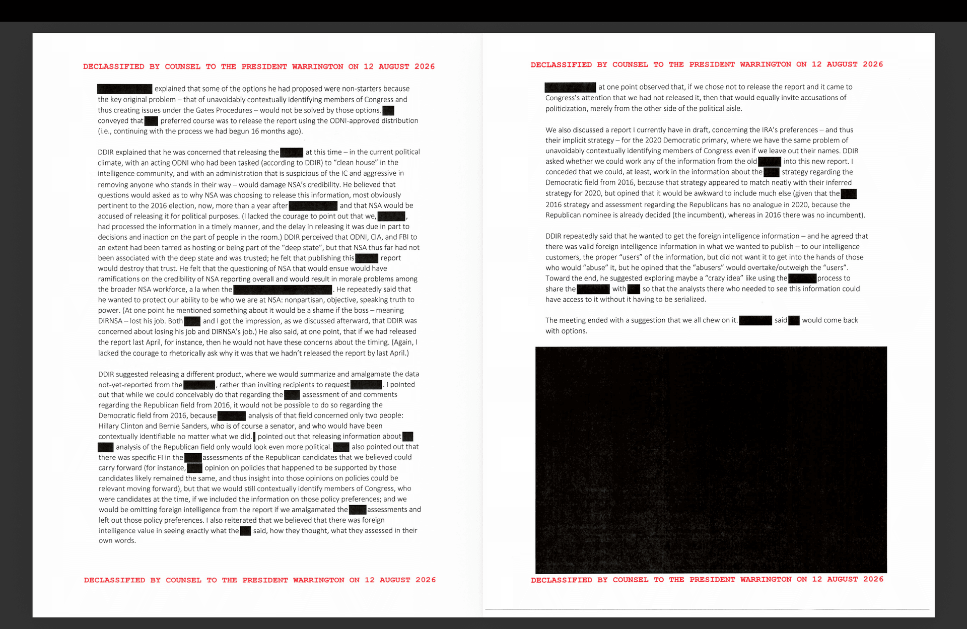 Newly declassified National Security Agency documents include emails between intelligence officers about decisions made at higher levels to not share information with President Donald Trump, released by the White House Government Transparency Task Force on Aug. 18, 2026. (Courtesy of the White House)