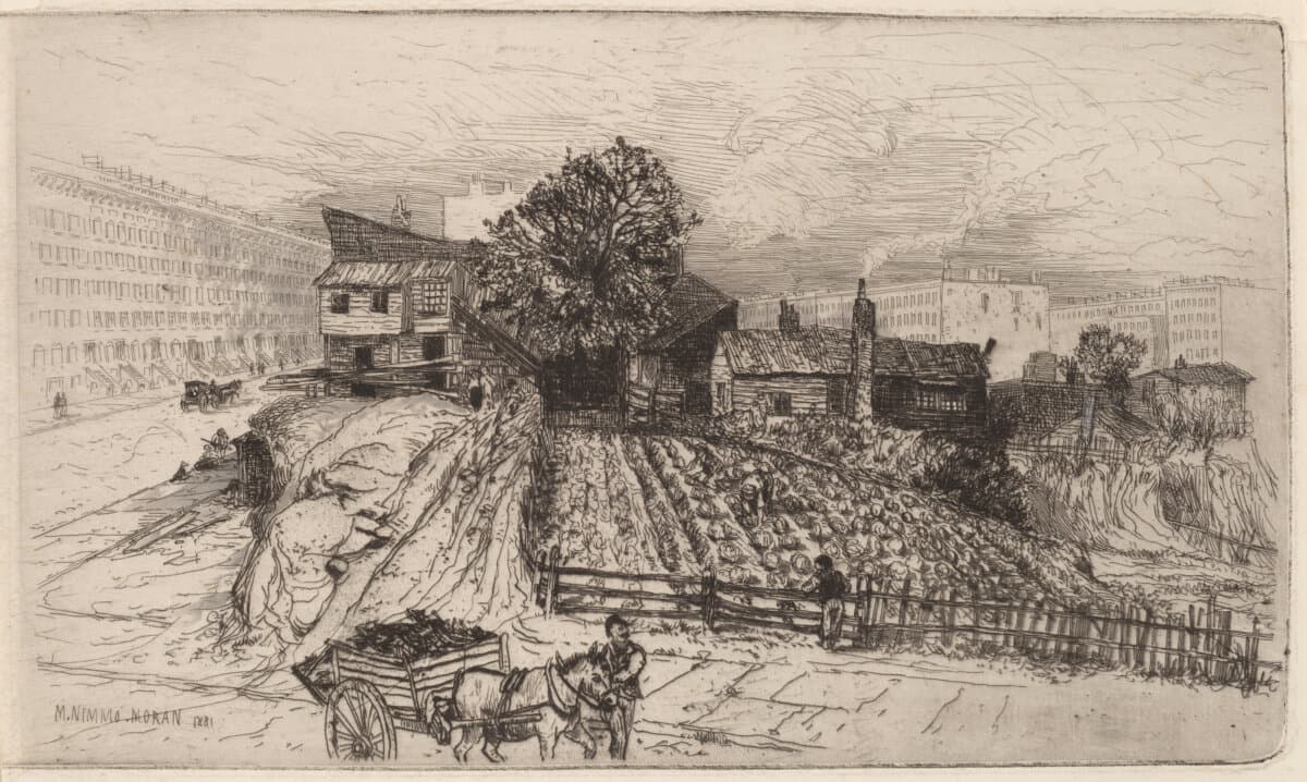 “A City Farm—New York,” 1881, by Mary Nimmo Moran. Etching. National Gallery of Art. (Public Domain)