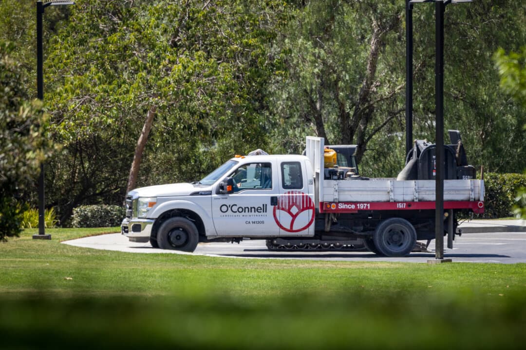 Landscapers with O'Connell operate in Ladera Ranch, Calif., on July 24, 2026. Lieseal Heidt joined a Facebook group in which residents posted concerns and shared photos of O’Connell trucks spraying herbicide. (John Fredricks/The Epoch Times)