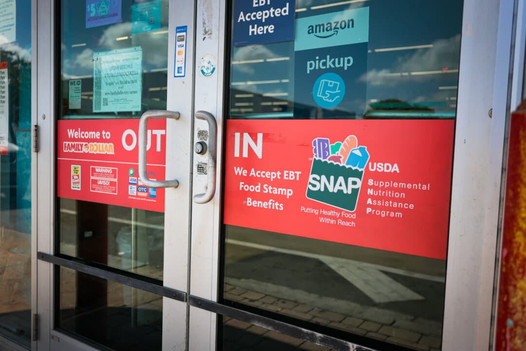 A sign indicates that a store accepts Supplemental Nutrition Assistance Program benefits in Miami on April 21, 2026. (Joe Raedle/Getty Images)