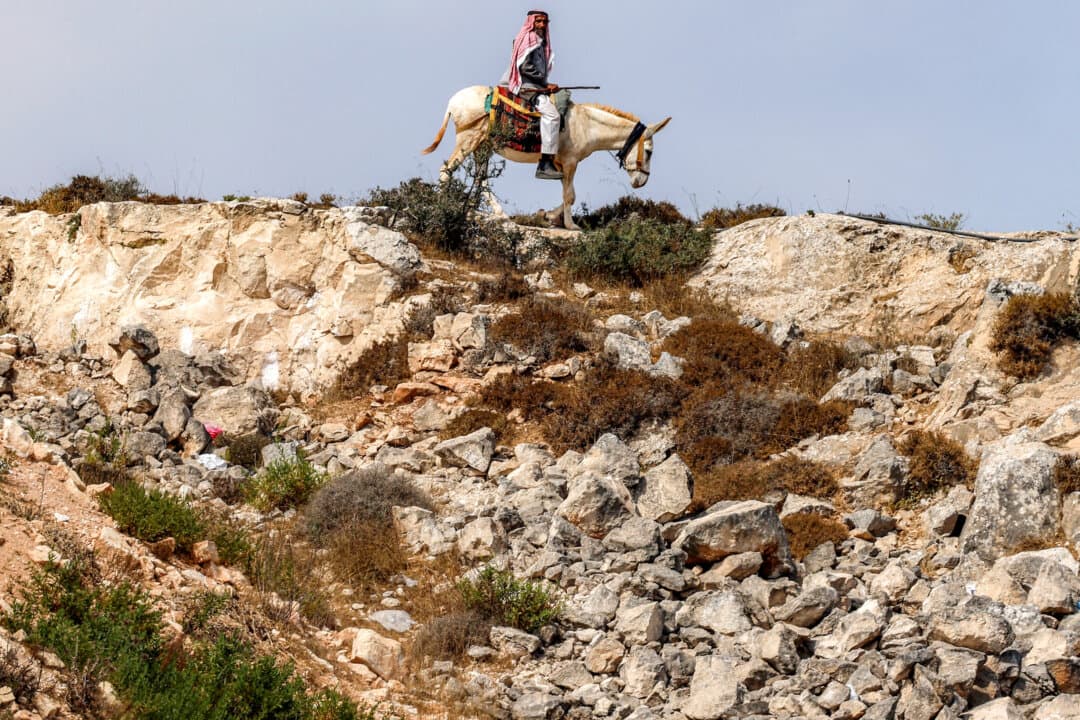 A man watches from a hilltop as Israeli forces demolish a Palestinian building, citing lack of a building permit, in Qalandia, West Bank, on Aug. 17, 2026. (Zain Jaafar/AFP via Getty Images)