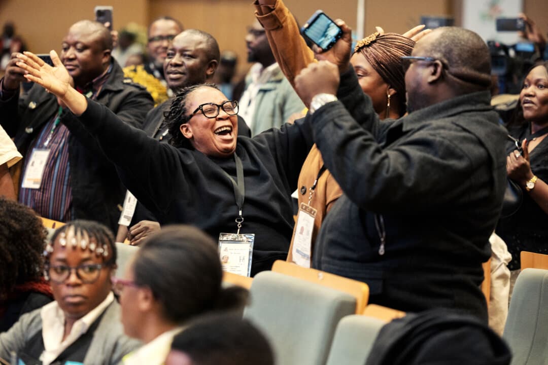 Supporters of Zambian President-elect Hakainde Hichilema celebrate his victory after it was announced by the Electoral Commission in Lusaka, Zambia, on Aug. 18, 2026. Hichilema won a second term with around 60 percent of the vote, defeating opposition leader Brian Mundubile with nearly 38 percent. (Gianluigi Guercia/AFP via Getty Images)