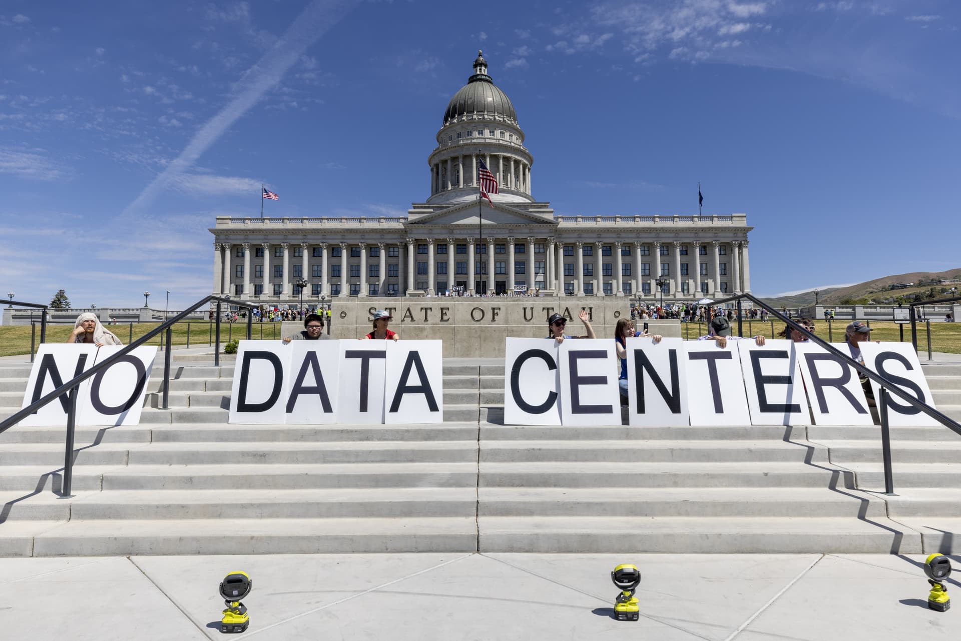 Demonstrators protest construction of the Stratos data center in Utah's Box Elder County during a rally at the state capitol in Salt Lake City on May 23, 2026. (Natalie Behring/Getty Images)