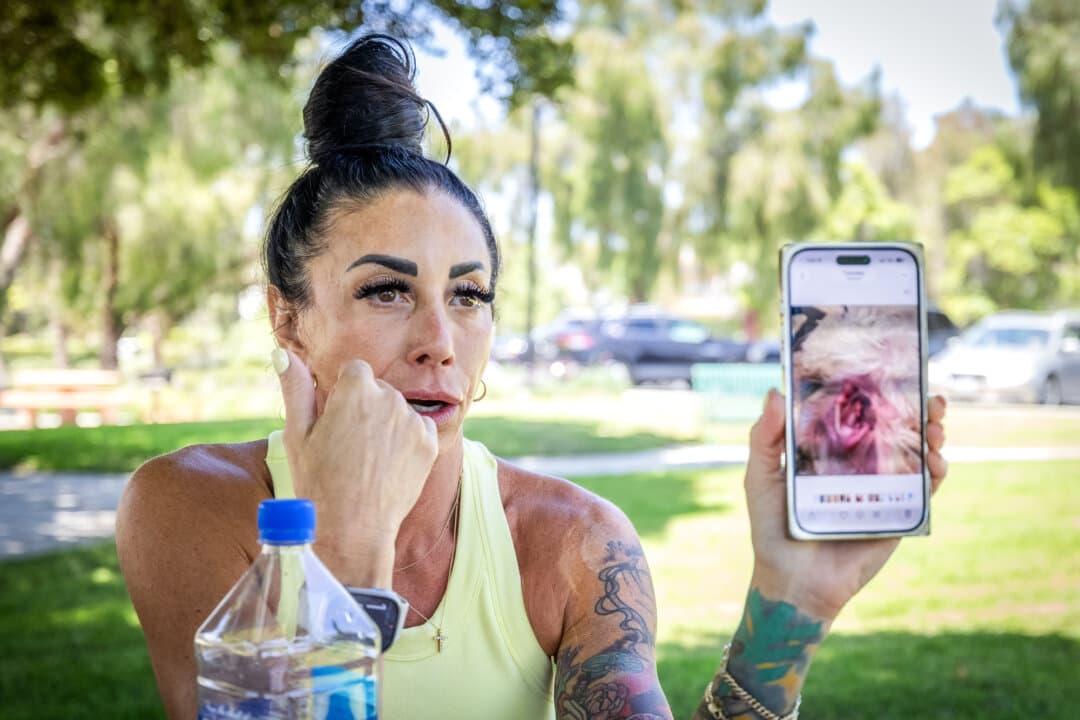 Dog owner Jody talks about the poor status of her pets in Ladera Ranch, Calif., on July 24, 2026. Jody said health issues in her two goldendoodles began to intensify in September 2025. (John Fredricks/The Epoch Times)