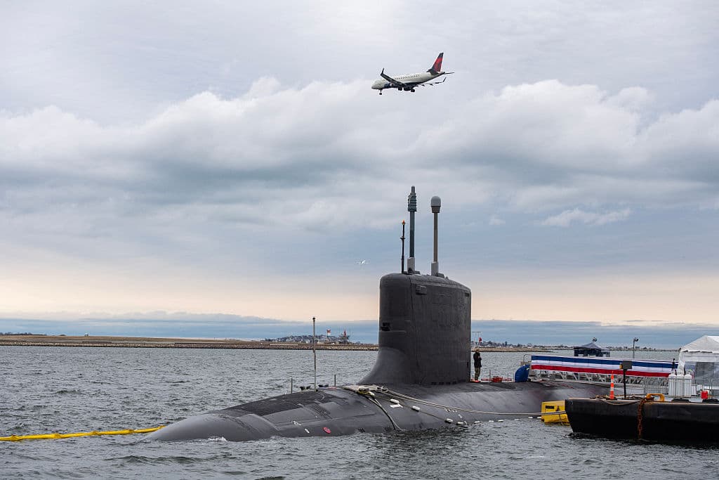 The Virginia-class fast attack submarine USS Massachusetts (SSN 798) sits docked at the Conley Container Terminal before her commissioning ceremony in Boston, Mass., on March 27, 2026. (Joseph Prezioso/AFP via Getty Images)