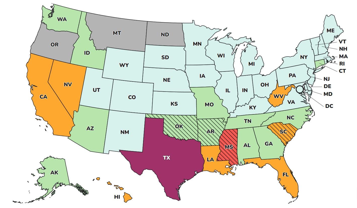 Texas saw “very high” levels of COVID-19, marked in dark purple, while Mississippi, marked in red, is experiencing “high” levels of the virus in a CDC map provided on Aug. 28, 2026. Orange represents “moderate” levels, green means “low,” and light blue means “very low.” (U.S. Centers for Disease Control and Prevention)