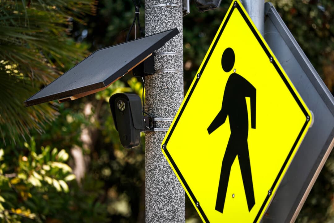 A Flock Safety camera in Beverly Hills, Calif., on Aug. 3, 2026. Flock Safety's automated license plate reader cameras have been deployed in over 120,000 locations across 49 states. (Justin Sullivan/Getty Images)