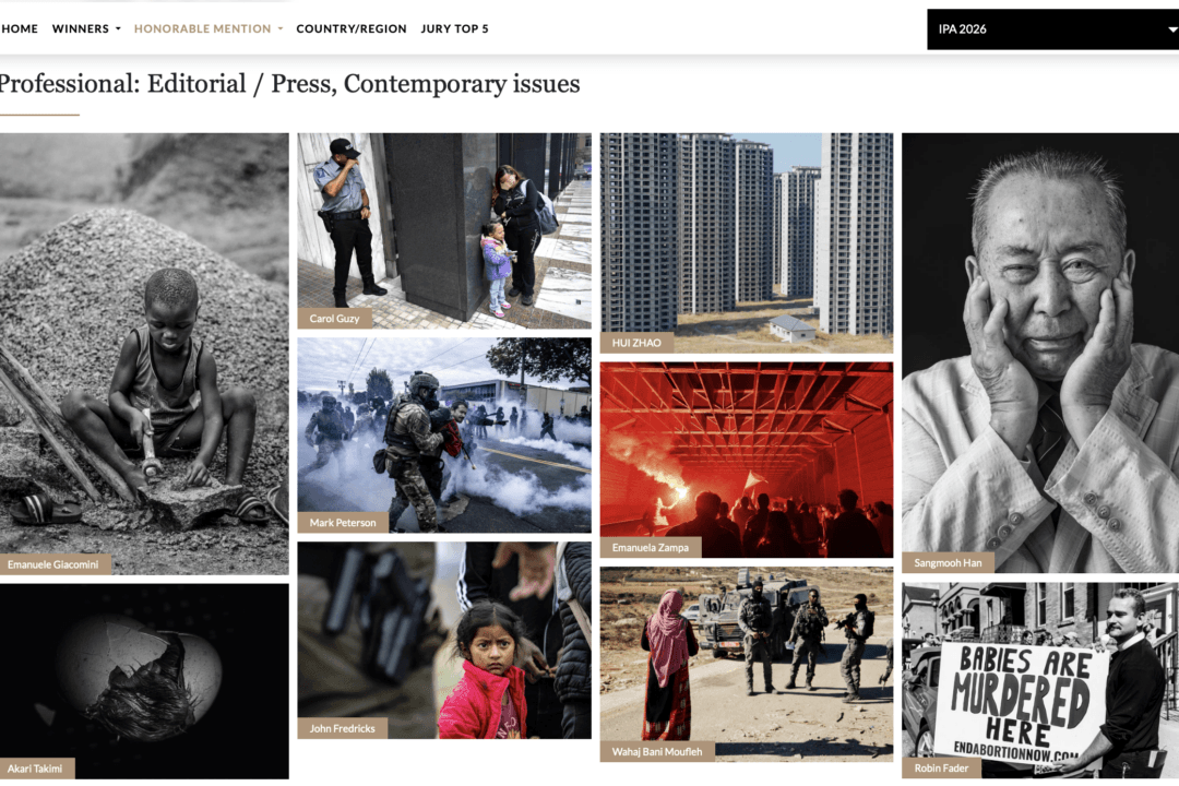 IPA Honorable Mention gallery. Epoch Times photojournalist John Fredricks’ photograph titled “Child of the Crossing” located as second image at the bottom. (Screenshot by The Epoch Times)