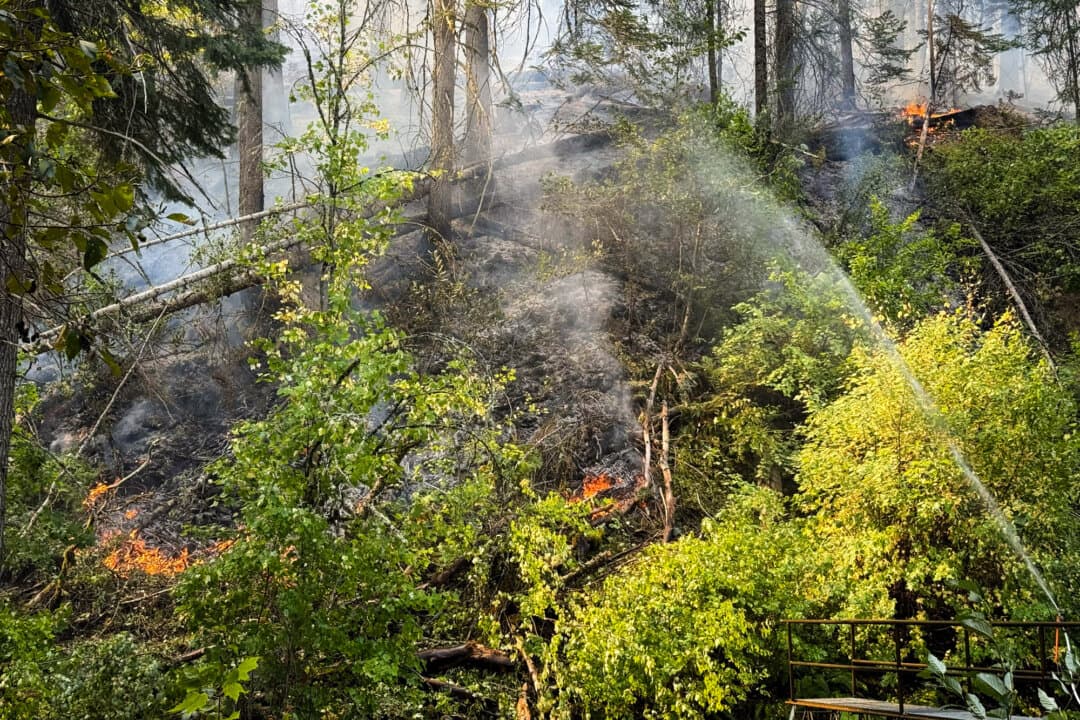 (Top) Public information officer Jim Bartlett identifies on a map where containment efforts were happening in relation to the rest of the Paradise fire, along Mill Creek in northeastern Oregon on Aug. 26, 2026. (Bottom Left) Firefighters scan a hillside near Mill Creek in northeast Oregon on Aug. 26, 2026. (Bottom Right) Sprinklers attack the slow-moving extent of the Paradise fire as it tries to make its way to the bank of Mill Creek in northeast Oregon on Aug. 26, 2026. (T.J. Muscaro/The Epoch Times)