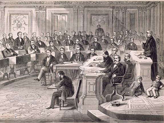 An illustration from Frank Leslie’s Illustrated Newspaper depicts Sen. Edmund G. Ross casting his "Not Guilty" vote during the impeachment trial of President Andrew Johnson. (Public Domain)