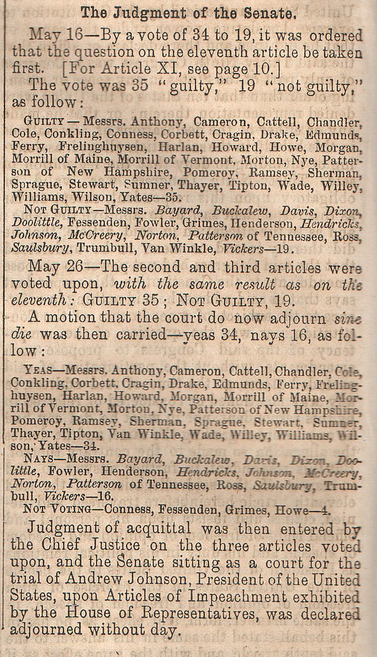 The U.S. Senate roll call of votes during the 1868 impeachment trial of President Andrew Johnson. (Public Domain)