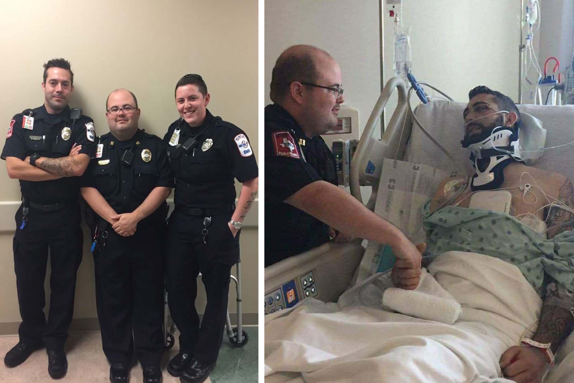 Photos of the first responders who rescued Caleb Trahan taken with him during his recovery. (Courtesy of Laurie Carlton)