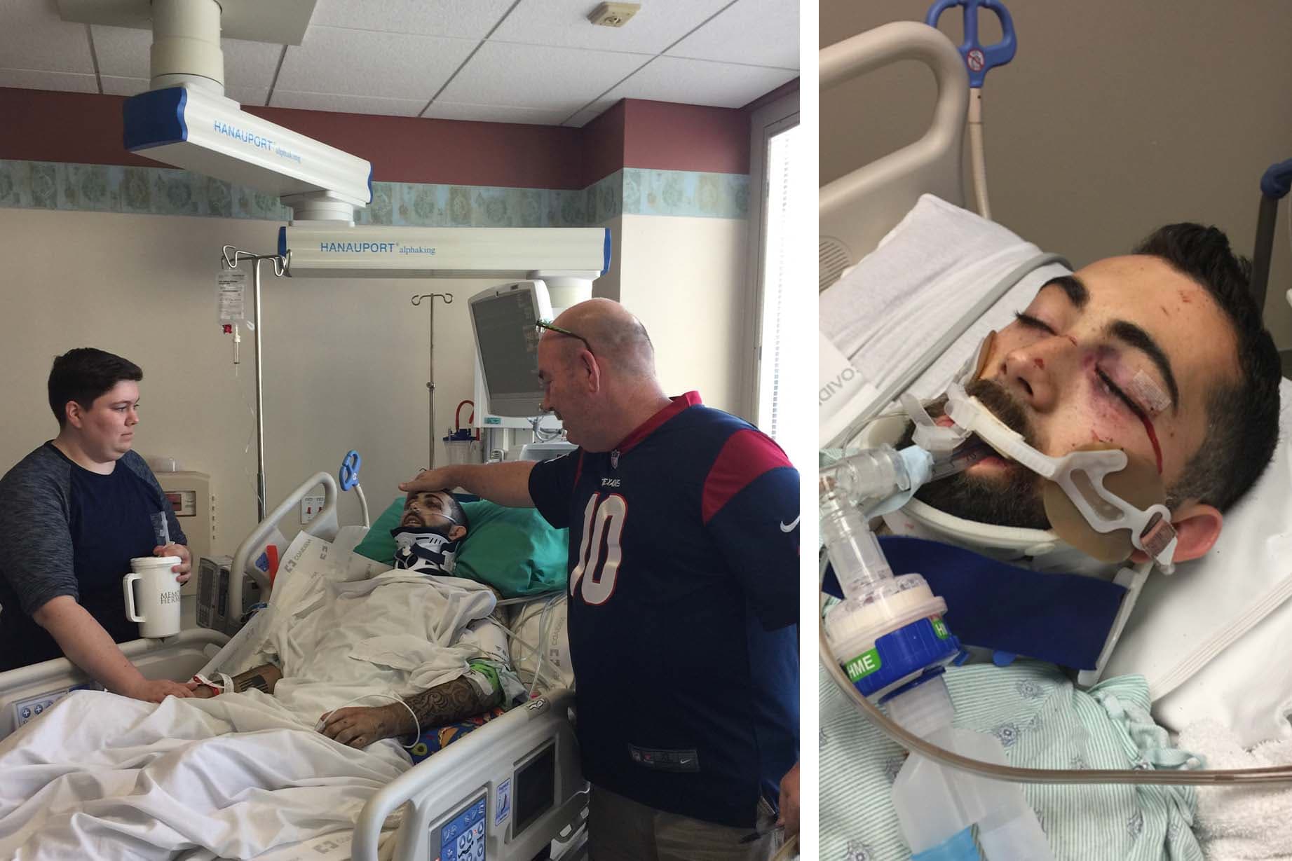 Caleb Trahan in hospital days after his accident in May 2017. (Courtesy of Laurie Carlton)