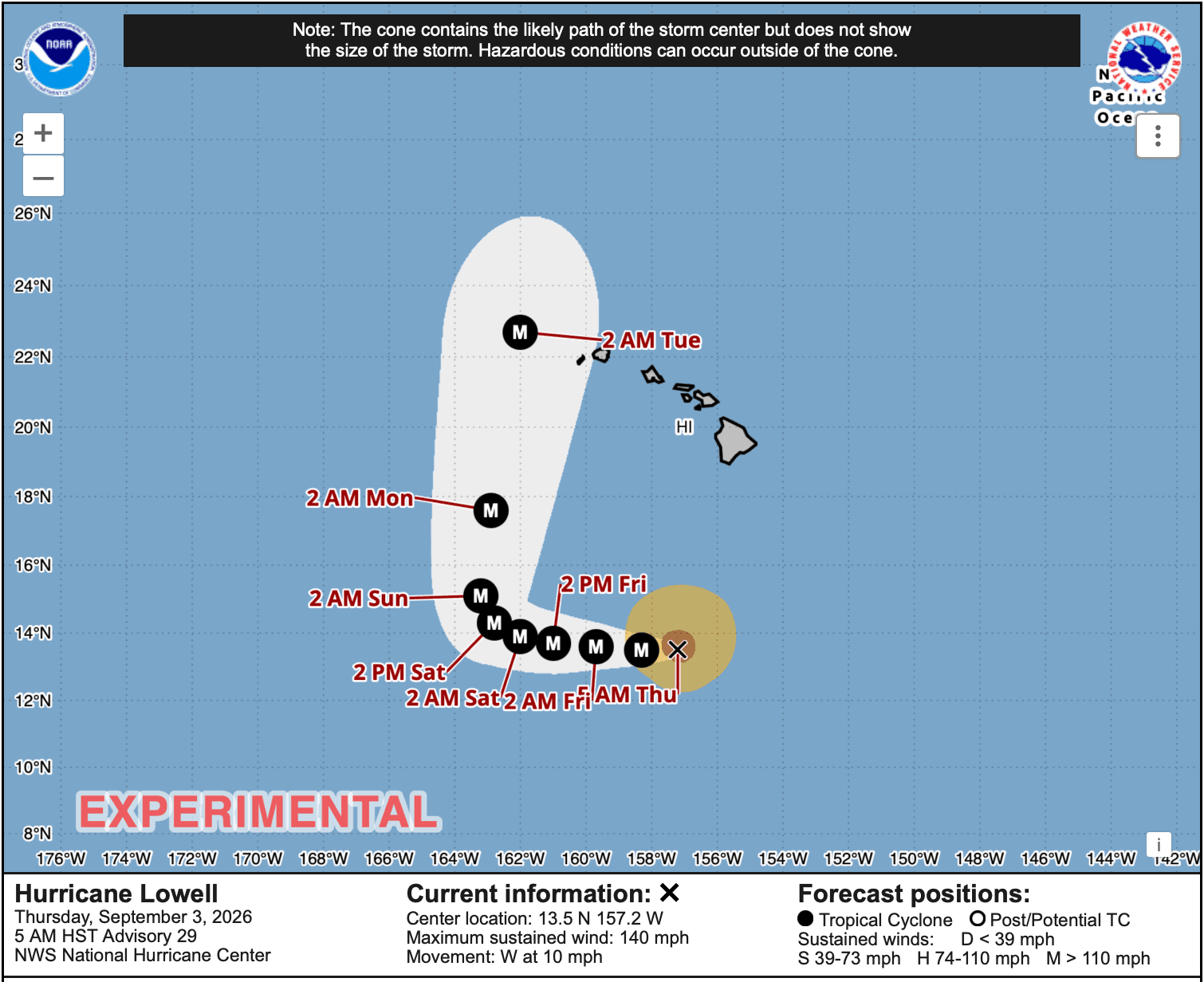 Forecast map of Hurricane Lowell’s expected turn north and impact of the Hawaiian Islands as of Sept. 3, 2026. (National Hurricane Center).