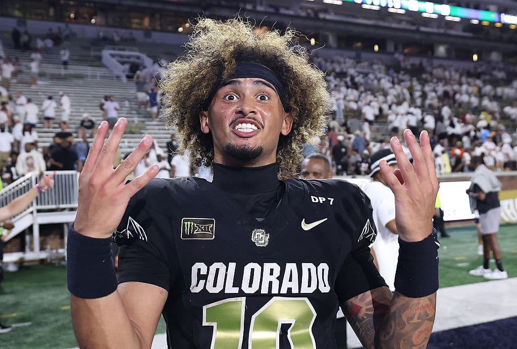 Julian Lewis #10 of the Colorado Buffaloes reacts after their 14–13 win over the Georgia Tech Yellow Jackets at Bobby Dodd Stadium in Atlanta, Ga., on Sept. 3, 2026. (Kevin C. Cox/Getty Images)