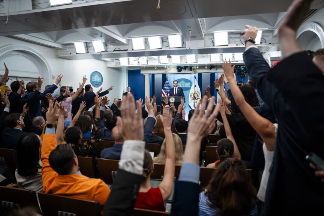 Vice President JD Vance speaks during a press briefing at the White House on Sept. 3, 2026. (Madalina Kilroy/The Epoch Times)
