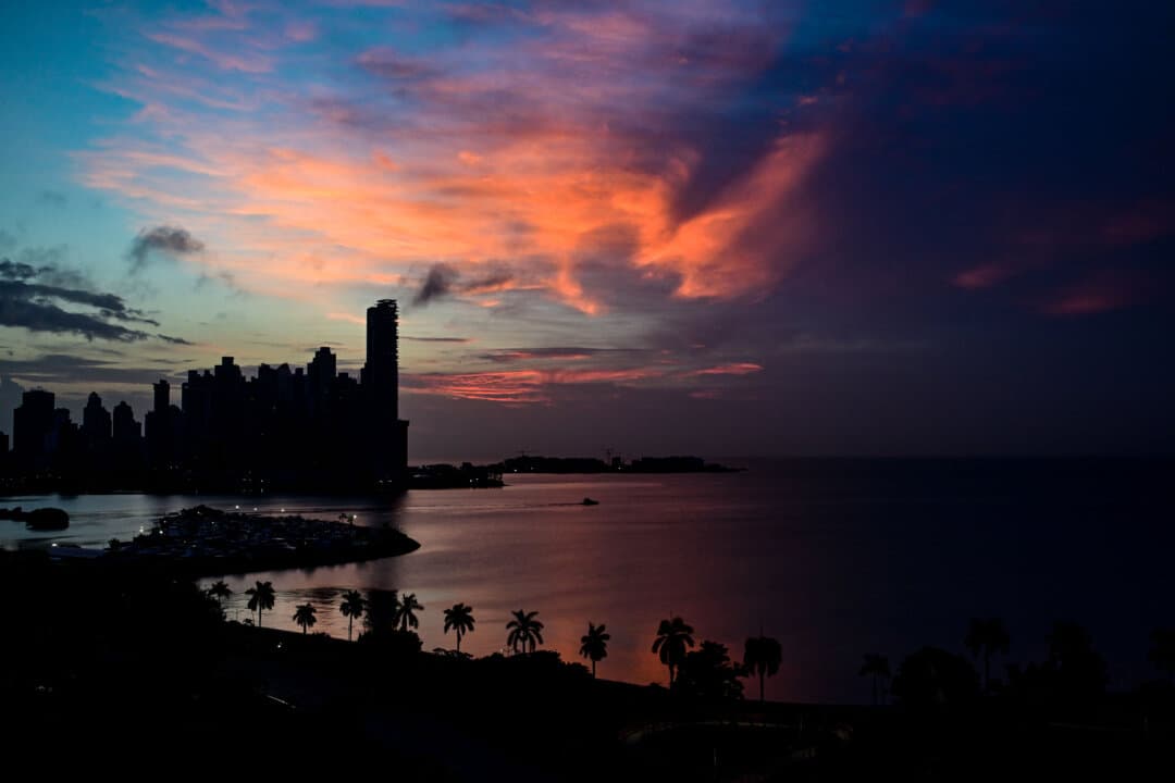 Buildings are silhouetted during sunrise, in Panama City on Aug. 29, 2026. (Martin Bernetti/AFP via Getty Images)
