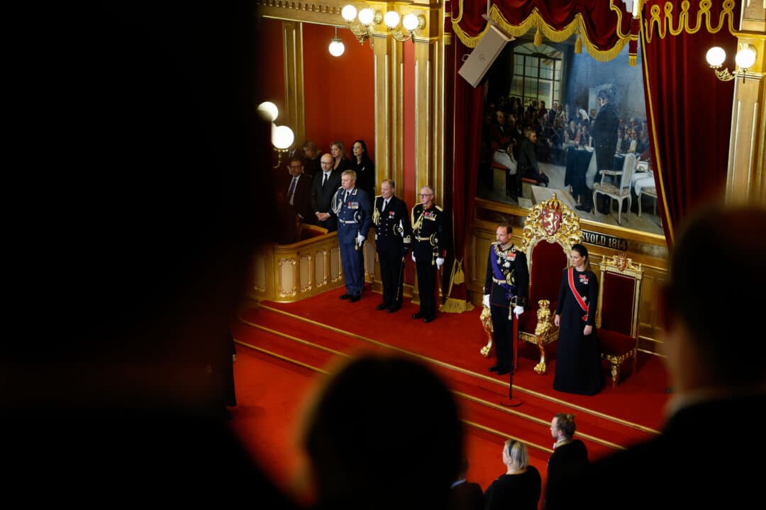 King Haakon VIII of Norway and his daughter, Crown Princess Ingrid Alexandra, attend an oath-taking ceremony in the Storting's main chamber, in Oslo, Norway, on Sept. 1, 2026. Haakon became king after his father, King Harald V, died on Aug. 28 at age 89. (Odd Andersen/AFP via Getty Images)