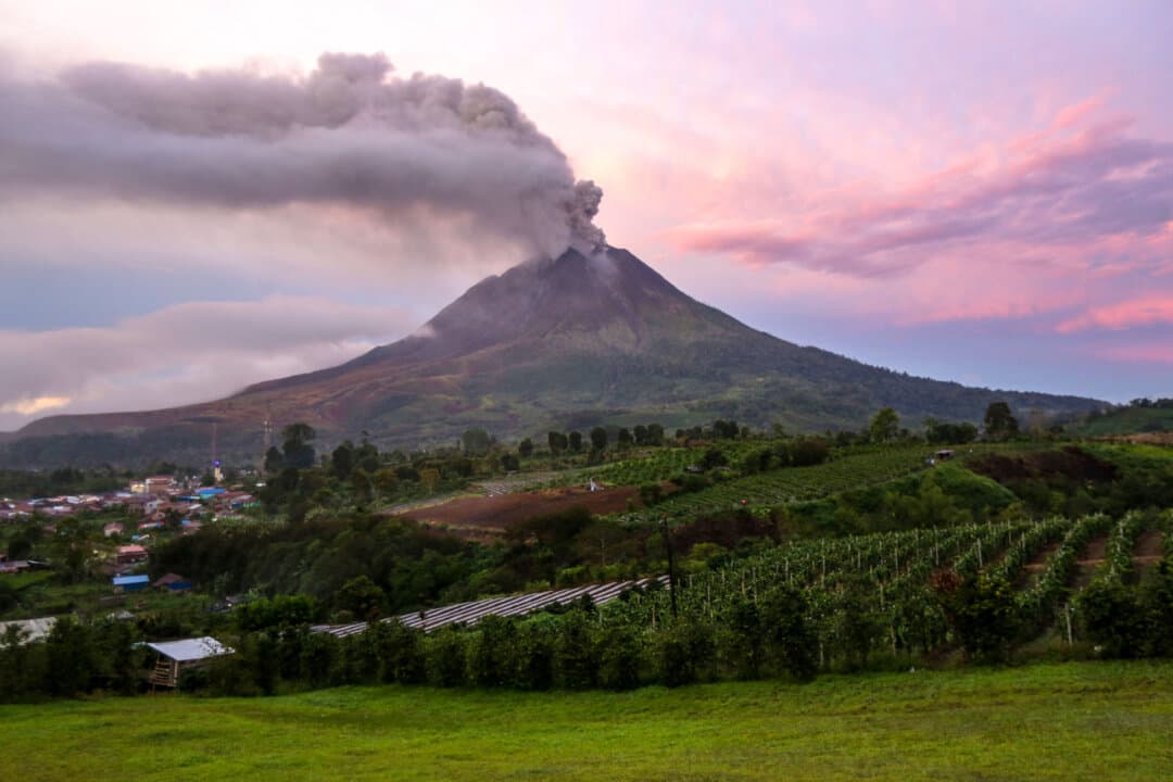 Mount Sinabung spews ash and thick smoke, as seen from Karo, North Sumatra province, Indonesia, on Sept. 2, 2026. (Ariandi/AFP via Getty Images)