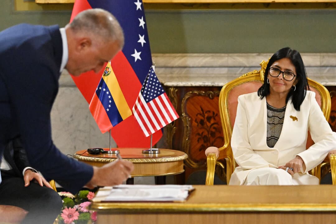 Venezuela's interim President Delcy Rodriguez during the signing of an oil agreement with the United States at the Miraflores Presidential Palace, in Caracas, Venezuela, on Sept. 2, 2026. U.S. Energy Secretary Chris Wright oversaw the signing of deals worth tens of billions of dollars. (Juan Barreto/AFP via Getty Images)