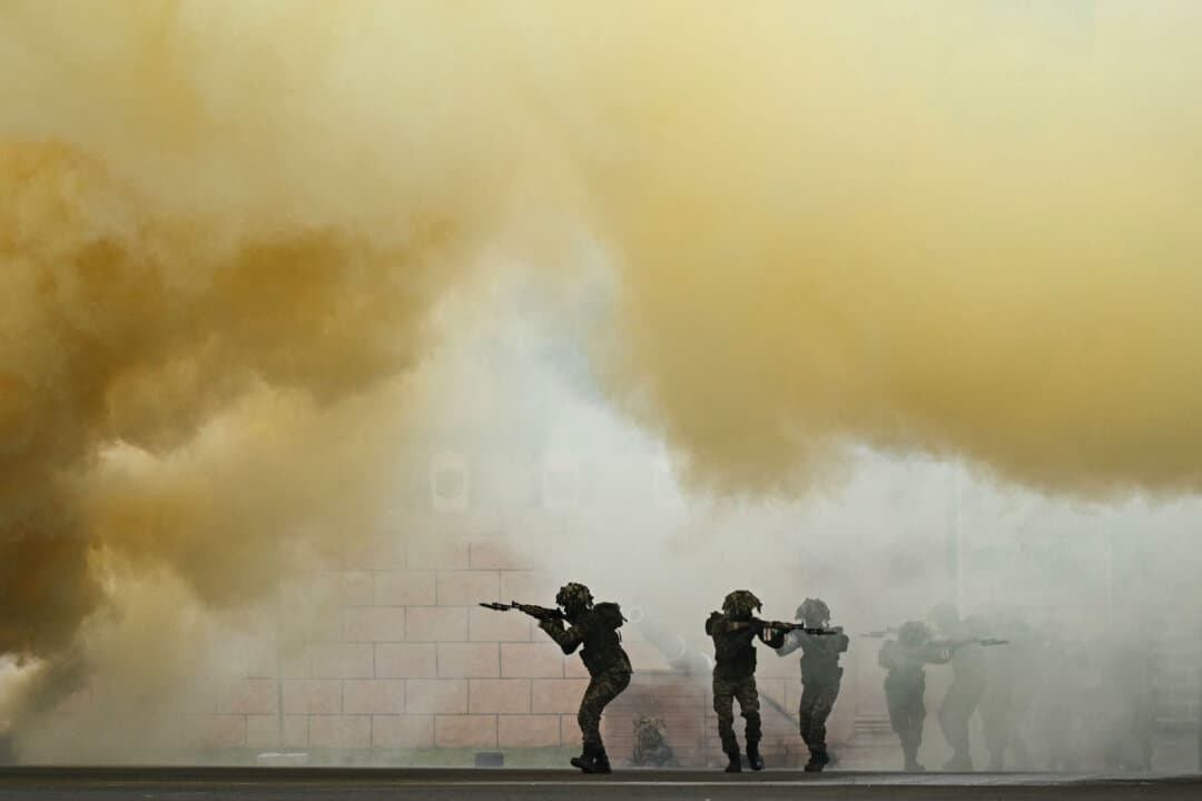 Indian army cadets perform a bunker-bursting drill ahead of a graduation ceremony at the Officers Training Academy, in Chennai, India, on Sept. 4, 2026. (R. Satish Babu/AFP via Getty Images)