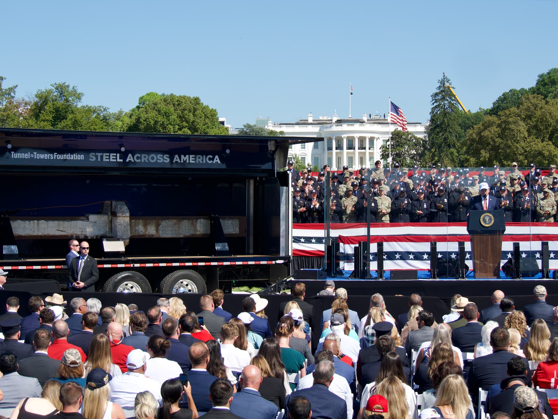 President Donald Trump speaks at the Tunnel to Towers Foundation's 'Steel Across America' event on the Ellipse in Washington on Sept. 8, 2026. (Travis Gillmore/The Epoch Times)