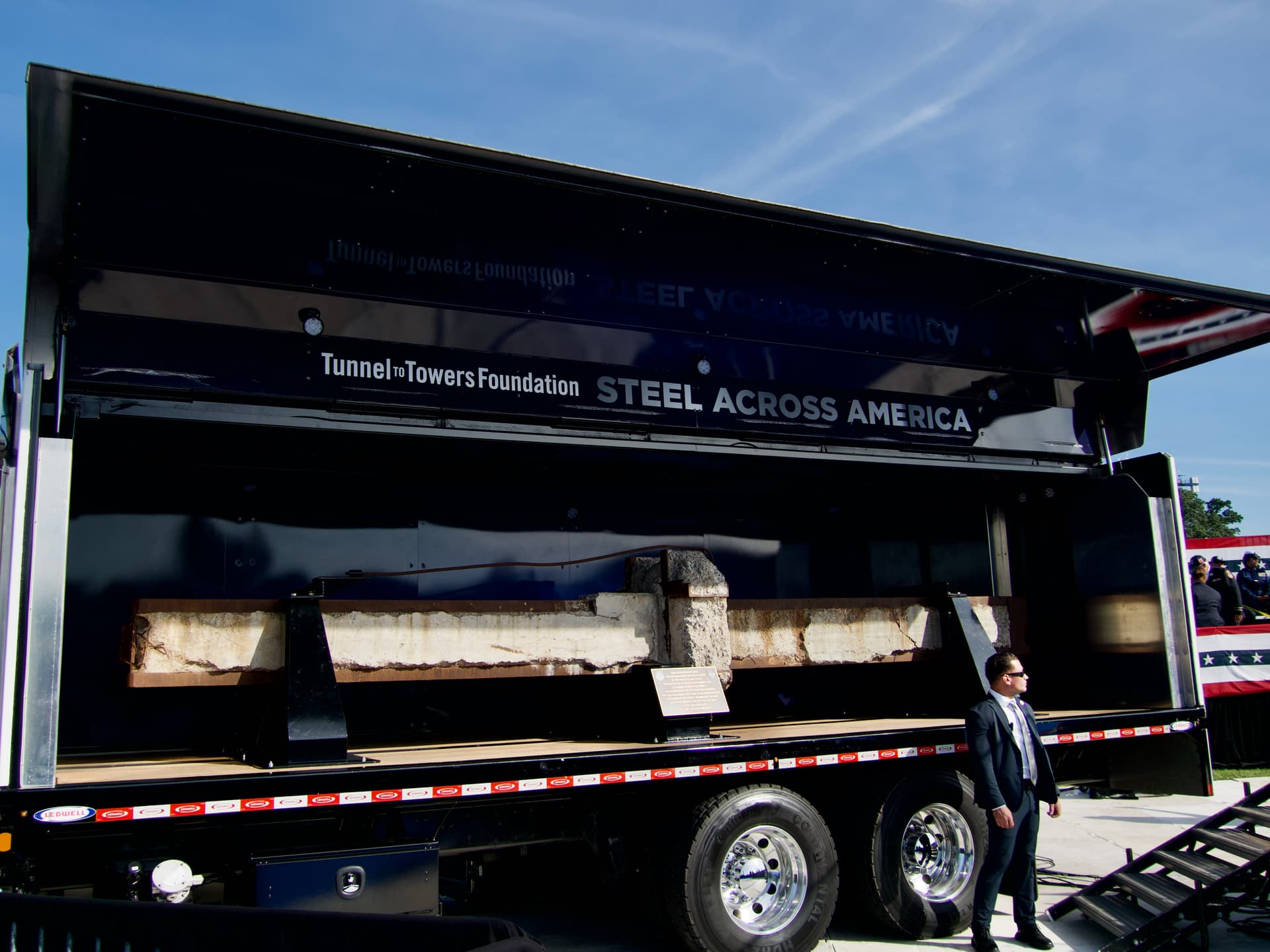 A 21-foot-long, nearly 17,000-pound beam recovered from the World Trade Center rubble after 9/11 on display at the Tunnel to Towers Foundation's 'Steel Across America' event on the Ellipse in Washington on Sept. 8, 2026. (Travis Gillmore/The Epoch Times)