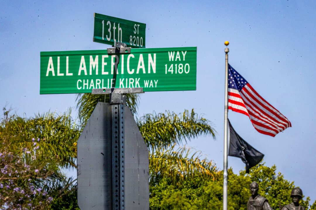 A street sign for All American Way/Charlie Kirk Way stands in Westminster, Calif., on May 22, 2026. The Westminster City Council voted on Nov. 12, 2025, to add honorary “Charlie Kirk Way” signage to a section of All American Way. (John Fredricks/The Epoch Times)