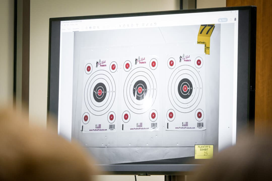 (Left) An image of shooting targets is displayed during a preliminary hearing for defendant Tyler Robinson. (Right) Bullet fragments are shown on a screen during a preliminary hearing for defendant Tyler Robinson. (Spenser Heaps - Pool/Getty Images)