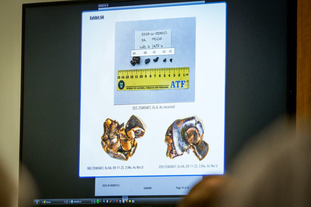 (Left) An image of shooting targets is displayed during a preliminary hearing for defendant Tyler Robinson. (Right) Bullet fragments are shown on a screen during a preliminary hearing for defendant Tyler Robinson. (Spenser Heaps - Pool/Getty Images)