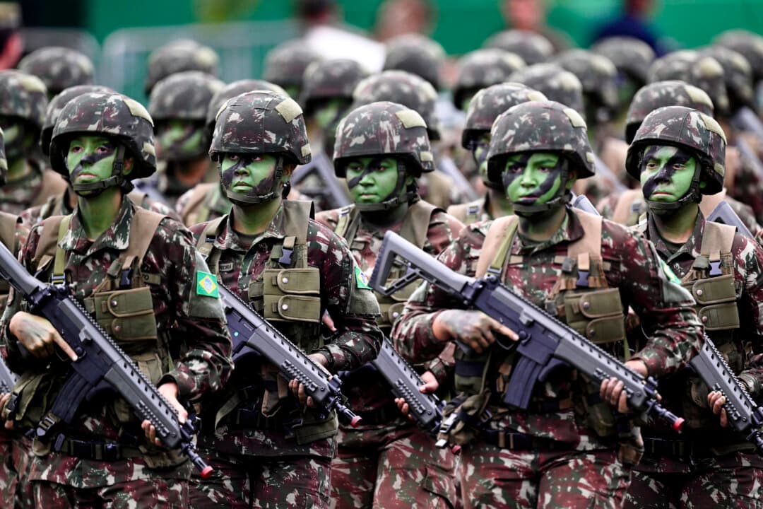 A women's squad from the Brazilian Army takes part in the Independence Day parade in Brasilia on Sept. 7, 2026. (Evaristo Sa/AFP via Getty Images)