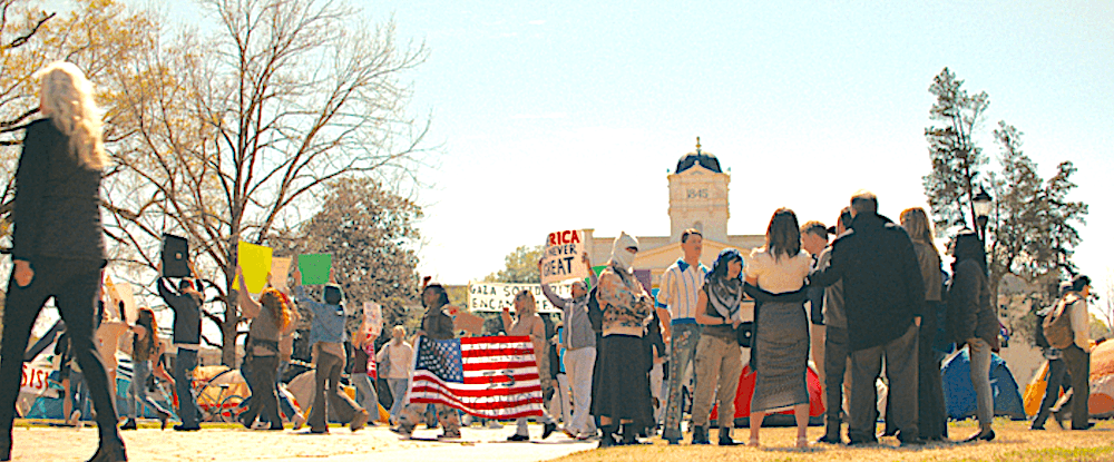 Laughton University students protesting, in "Run Hide Fight: Infidels." (Bonfire Legend/The Daily Wire)